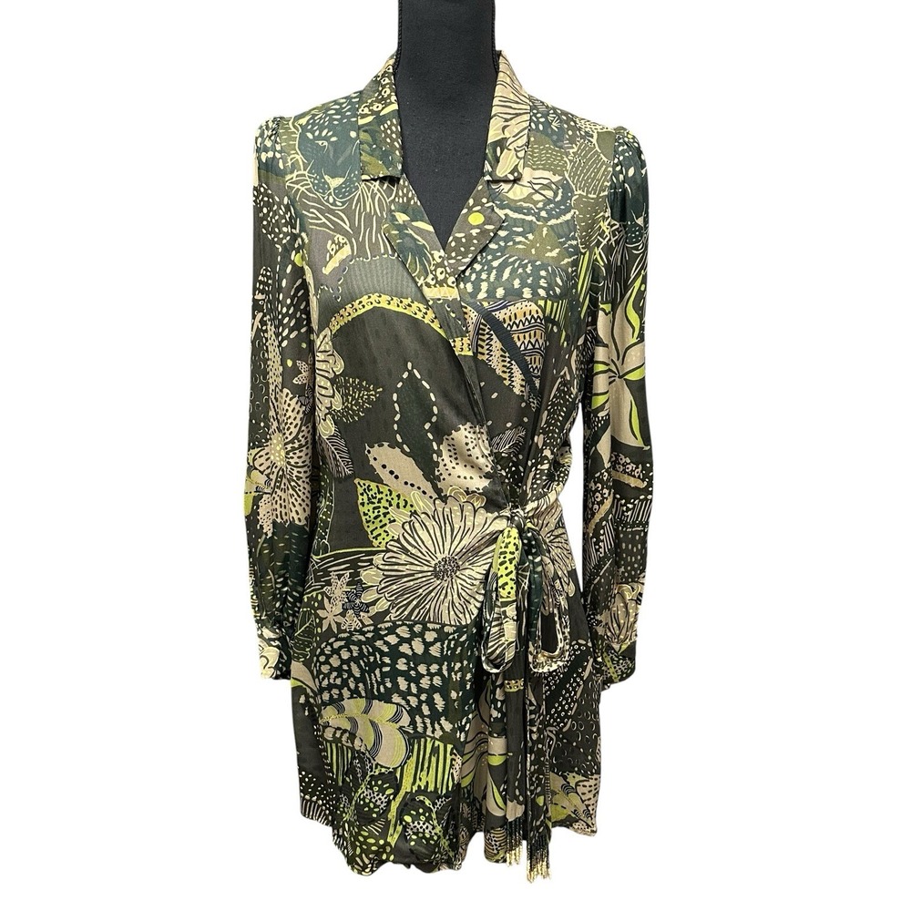 Farm Rio Mix Print Long Sleeve Wrap Dress In Green Cool Leopard Floral Size M
